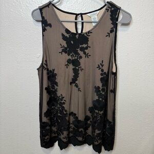 Sundance Black Floral Lace Keyhole Back Sleeveless Top Size Medium Dark Fairy